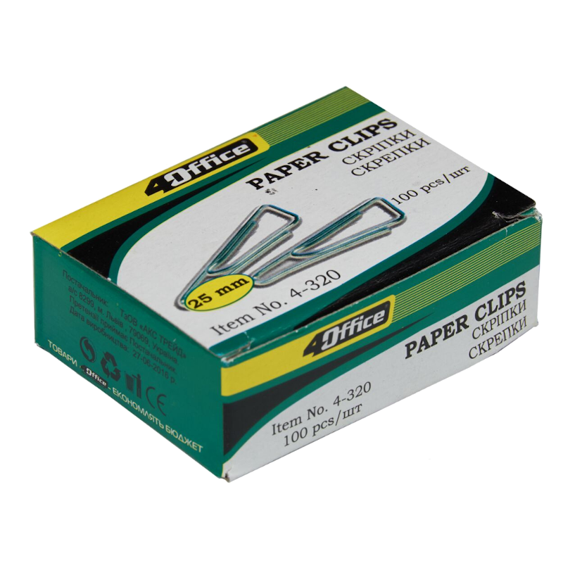 Скріпки 4OFFICE (4-320) 25 мм, трикутні, нікельовані, 100 шт.